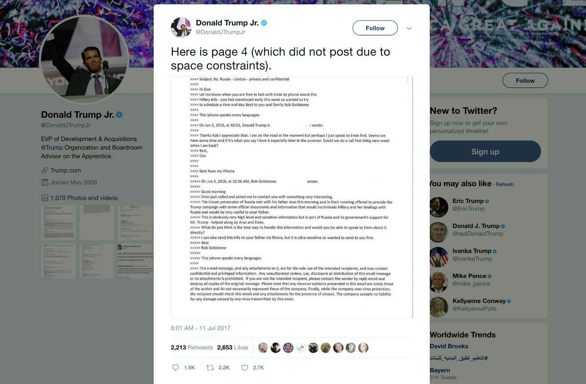 This screenshot shows a tweet posted Tuesday by Donald Trump Jr. on his Twitter account, in which he reveals an email chain with publicist Rob Goldstone in June 2016. In the email, he discusses plans to hear damaging information on Hillary Clinton that were described as “part of Russia and its government’s support for Mr. Trump.”