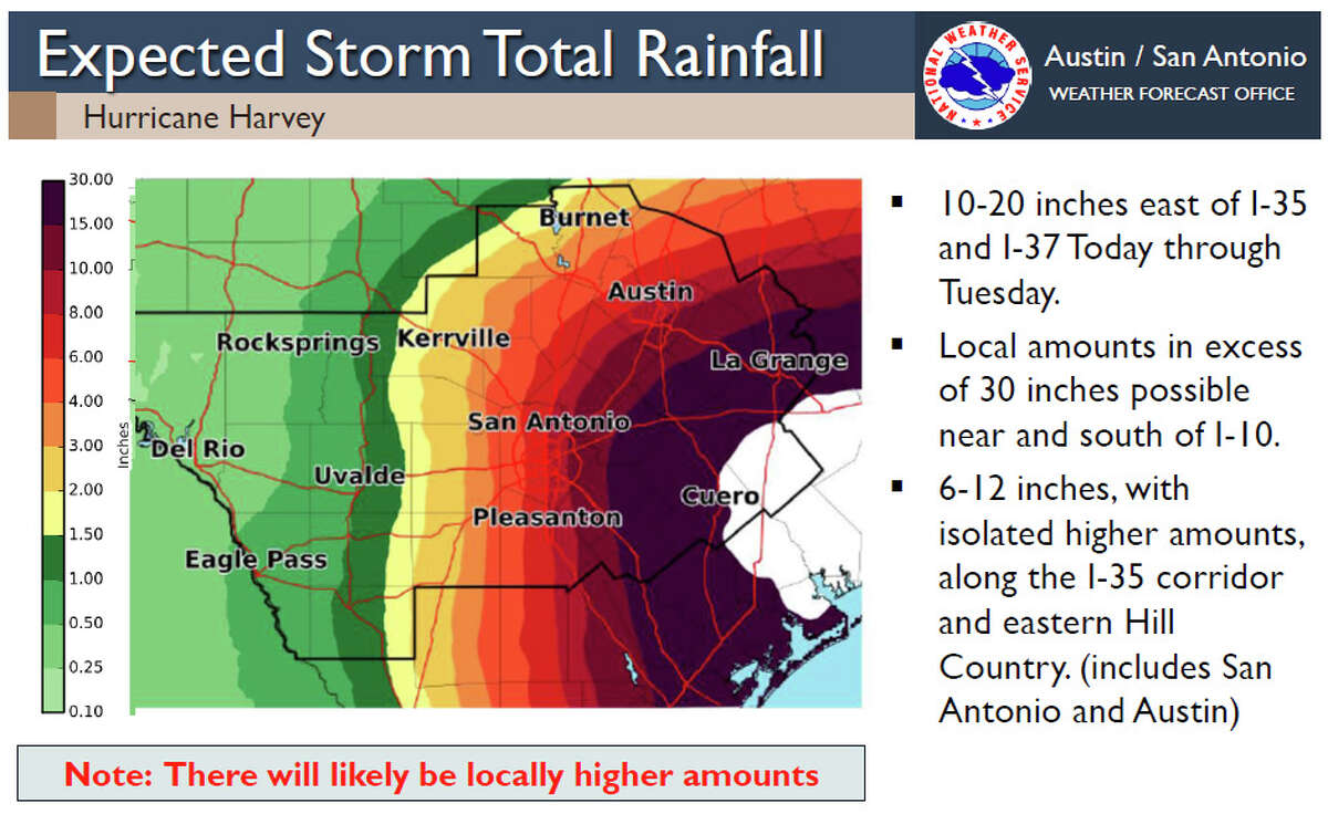 3. The National Weather Service announced Friday evening, Aug. 25, 2017, that rainfall amounts stemming from Hurricane Harvey will likely be locally higher that are being projected in parts of Texas.