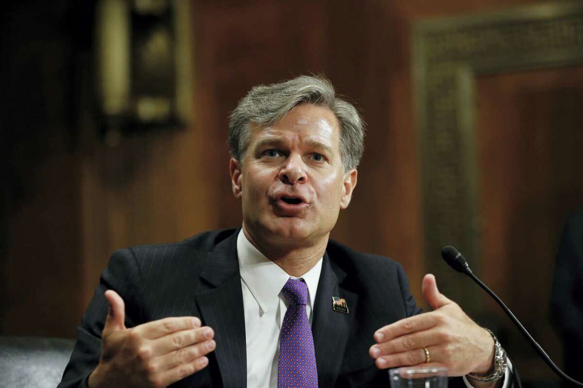 In this July 12, 2017 file photo, FBI Director nominee Christopher Wray testifies on Capitol Hill in Washington at his confirmation hearing before the Senate Judiciary Committee. The Senate is slated to vote Tuesday, Aug. 1, 2017, evening on the nomination of Wray. The former Justice Department official won unanimous support from the Judiciary Committee last month, with Republicans and Democrats praising his promise never to let politics get in the way of the bureau’s mission.