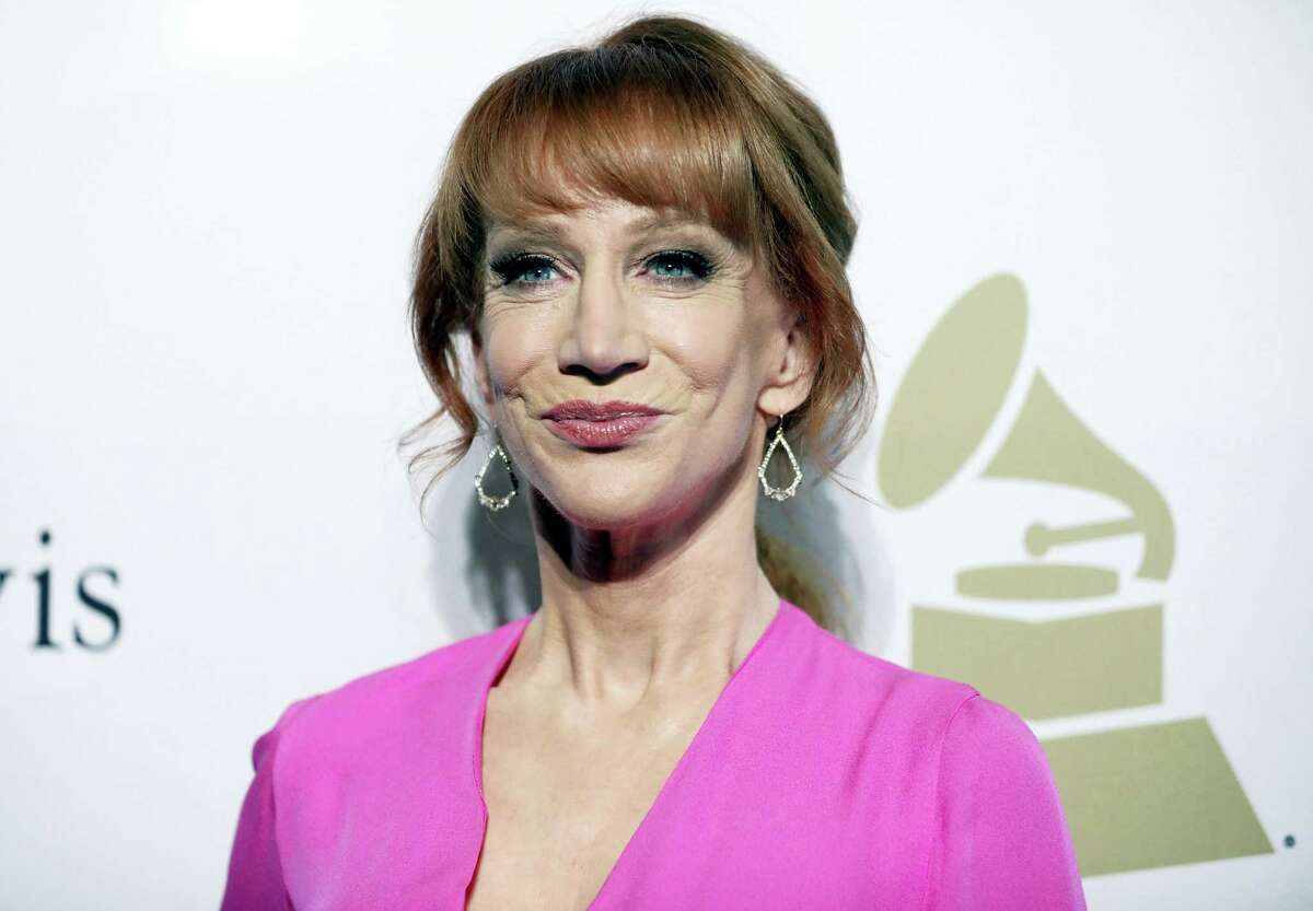 In this Feb. 11, 2017, file photo, comedian Kathy Griffin attends the Clive Davis and The Recording Academy Pre-Grammy Gala in Beverly Hills, Calif. Griffin says she knew her new photo shoot with photographer Tyler Shields would ‘make noise.’ She appears in a photo posted online Tuesday, May 30, 2017, holding what looks like President Donald Trump’s bloody, severed head. Many on Twitter called for the comedian to be jailed. Griffin told photographer Shields in a video on his Twitter page Tuesday that they will have to move to Mexico to avoid federal prison for their latest collaboration.