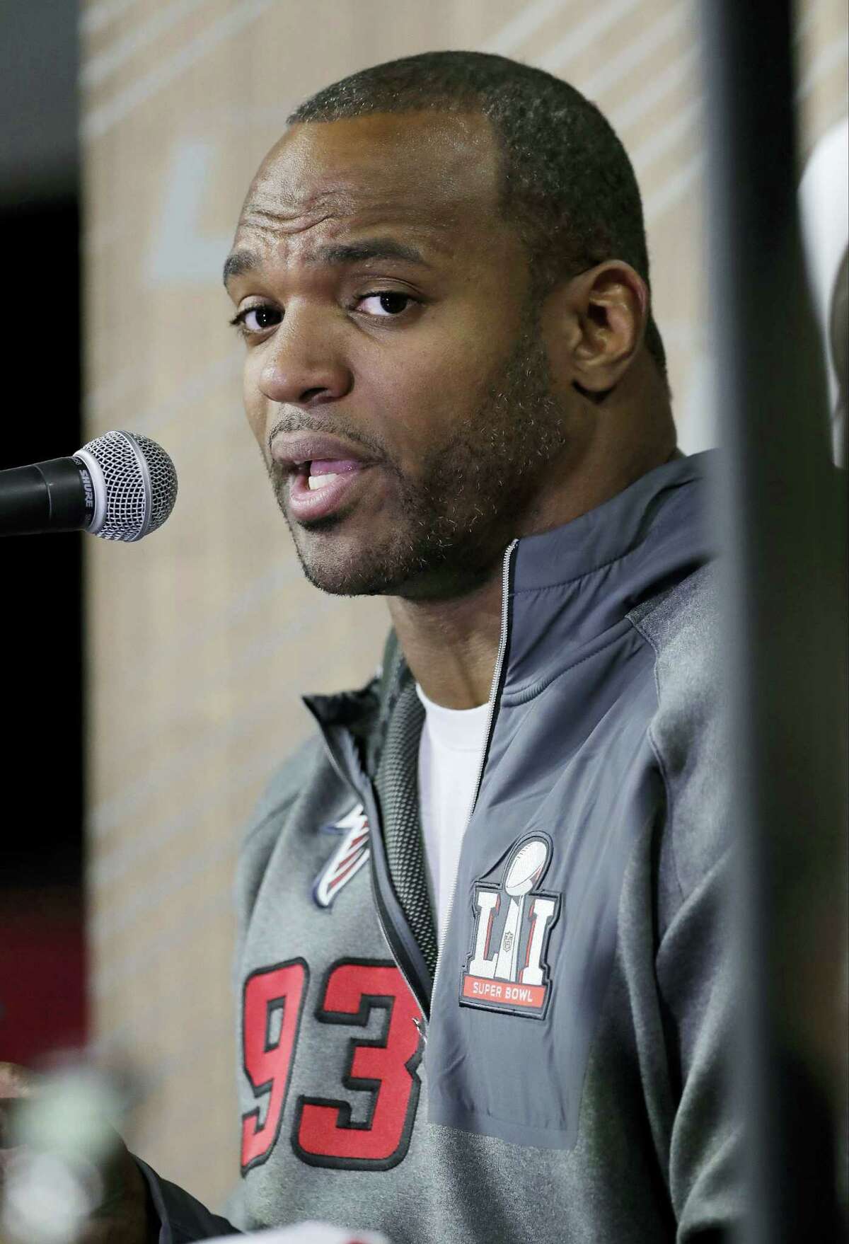 Atlanta Falcons’ Dwight Freeney answers questions during opening night for the NFL Super Bowl 51 at Minute Maid Park Monday.