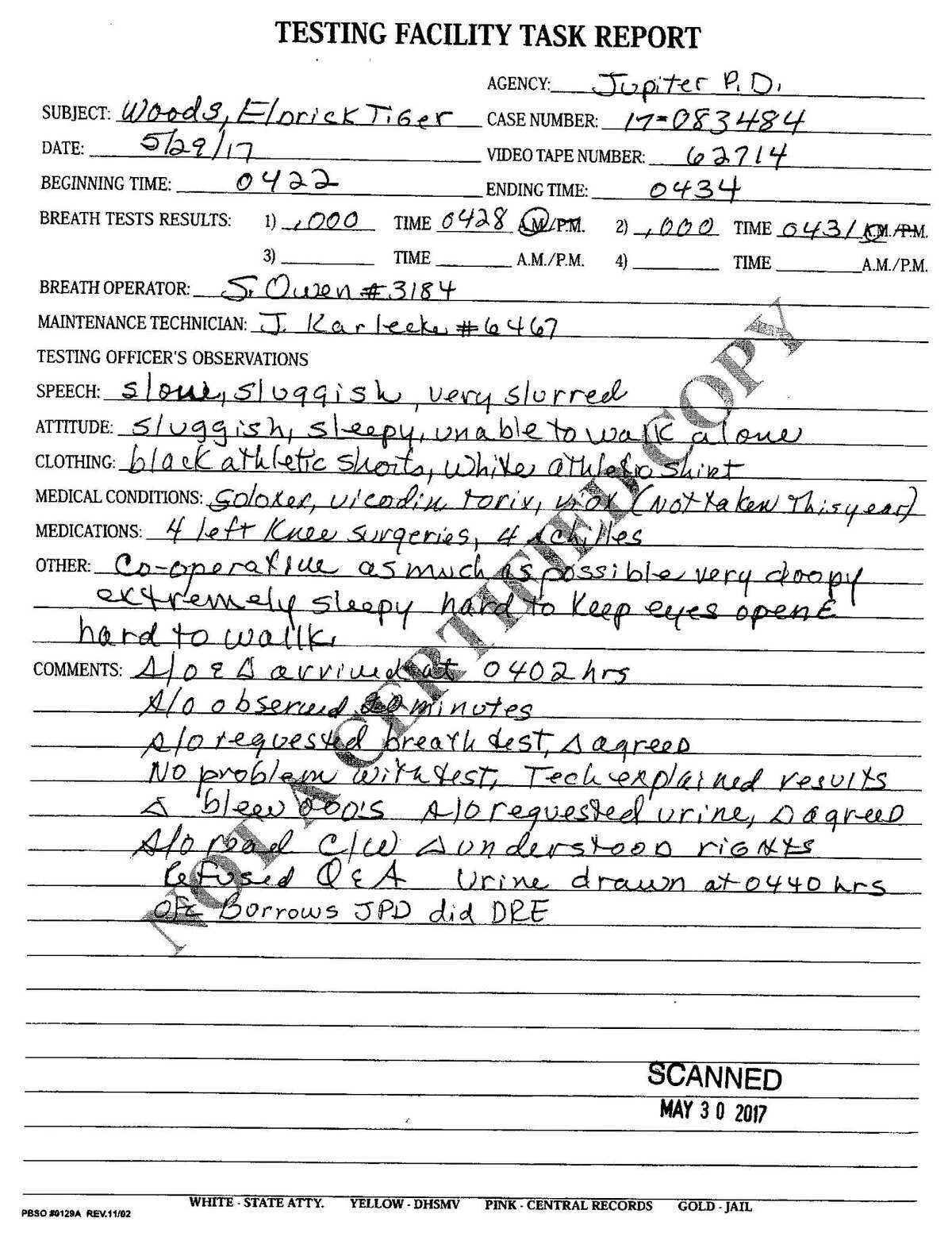 This document produced by the Jupiter Police Department on May 29, 2017 and published online by the Palm Beach County Court Clerk, shows a Testing Facility Task Report on Tiger Woods following his arrest in Florida on suspicion of driving under the influence. The report lists four medications, including Vicodin, that Woods said he was taking when he was stopped for DUI.