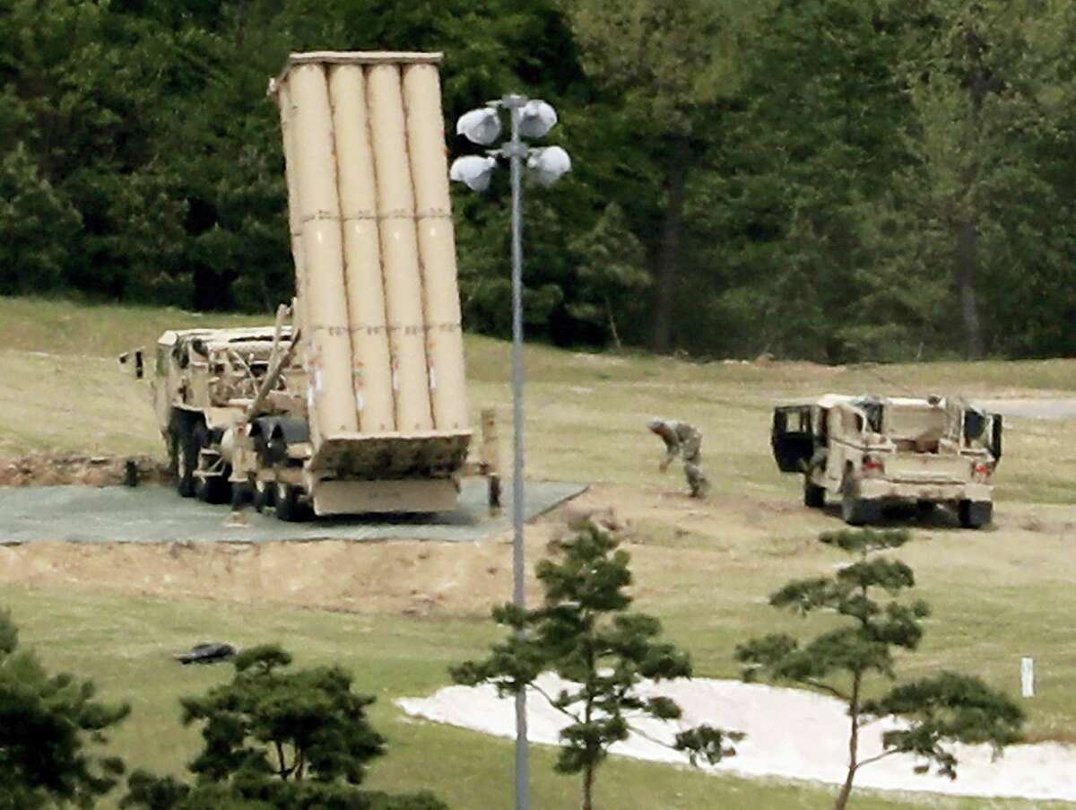 In this May 2, 2017, file photo, a U.S. missile defense system called Terminal High Altitude Area Defense, or THAAD, is installed on a golf course in Seongju, South Korea.
