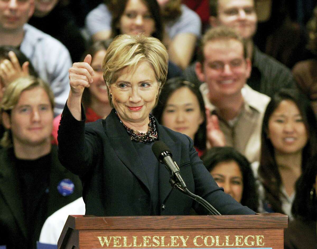In this Nov. 1, 2007, file photo, then-U.S. Sen. Hillary Clinton, D-N.Y., speaks at Wellesley College in Wellesley, Mass., her alma mater.