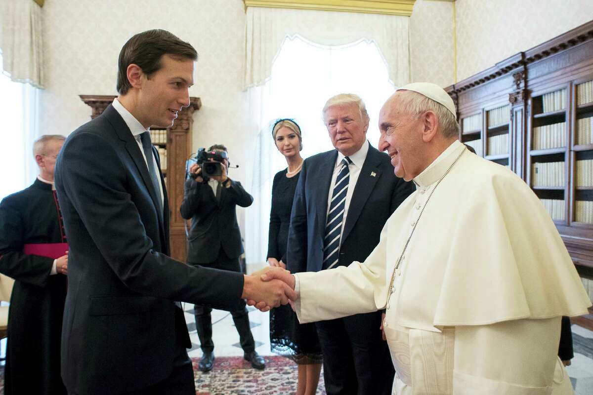 Jared Kushner, senior advisor of President Donald Trump, shakes hands with Pope Francis at the Vatican on May 24, 2017.