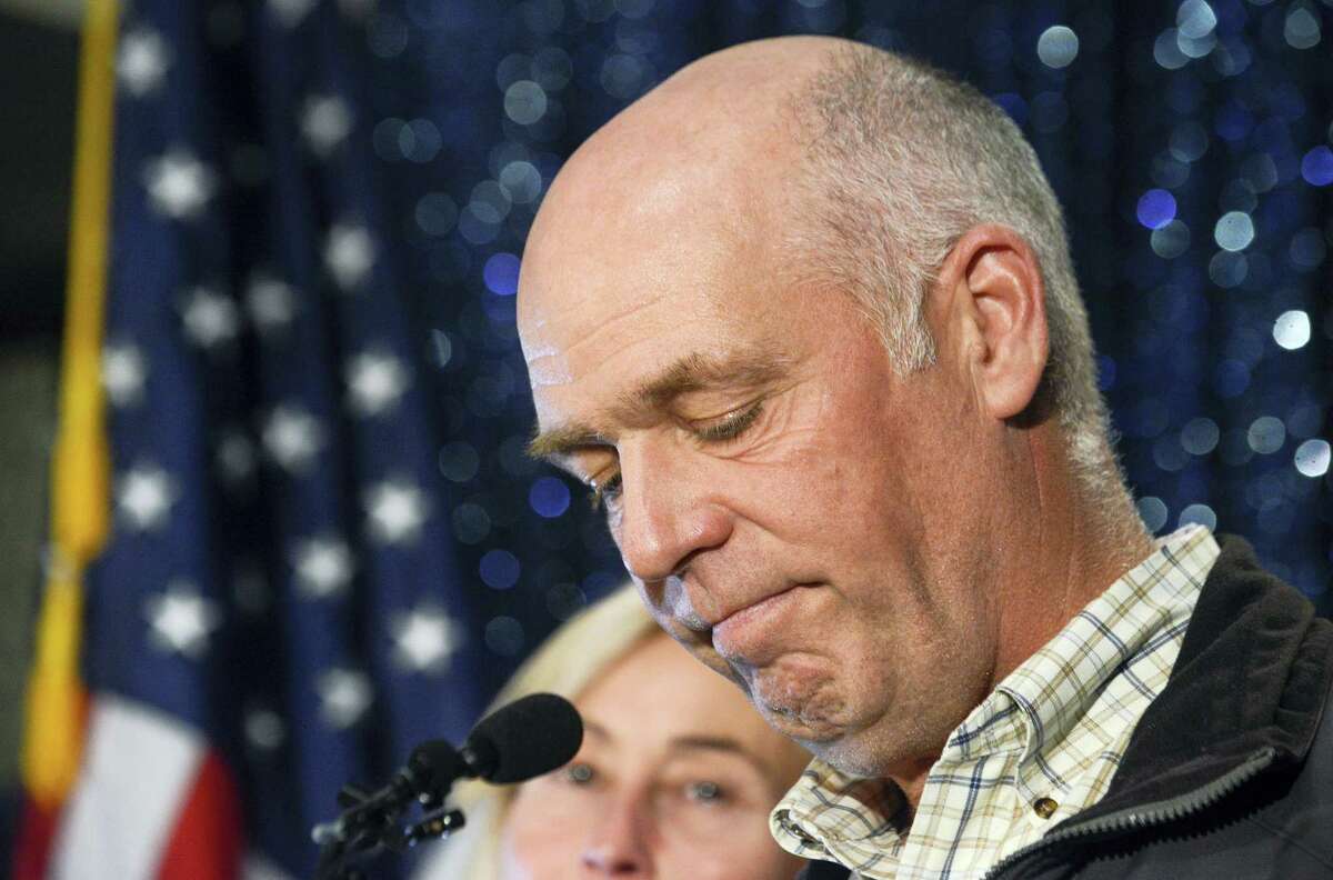 Greg Gianforte celebrates his win over Rob Quist for the open congressional seat at the Hilton Garden Inn, May 25, 2017, in Bozeman, Mont. The Republican multimillionaire Gianforte won Montana’s only U.S. House seat on Thursday despite being charged a day earlier with assault after witnesses said he grabbed a reporter by the neck and threw him to the ground. After being declared the winner, Gianforte apologized both to Jacobs and to the Fox News crew for having to witness the attack.