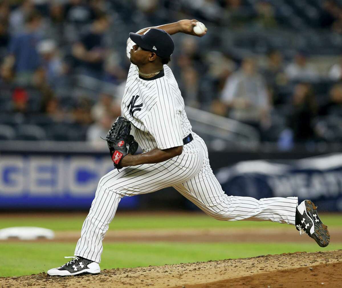 New York Yankees starting pitcher Luis Severino winds up in the sixth inning of a baseball game against the Kansas City Royals at Yankee Stadium in New York, Wednesday. Severino was the winning pitcher in the Yankees’ 3-0 shutout of the Kansas City Royals.