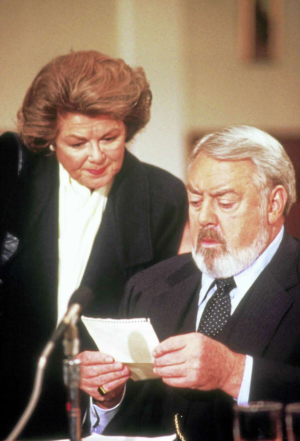 No Merchandising. Editorial Use Only. Film still from “Perry Mason: The Case of the Musical Murder” from 1992, with Barbara Hale as secretary Della Street and Raymond Burr as Perry Mason.