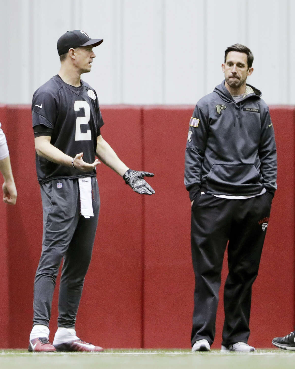 Falcons quarterback Matt Ryan, left, and offensive coordinator Kyle Shanahan will be up against the league’s top-ranked scoring defense in the Patriots.