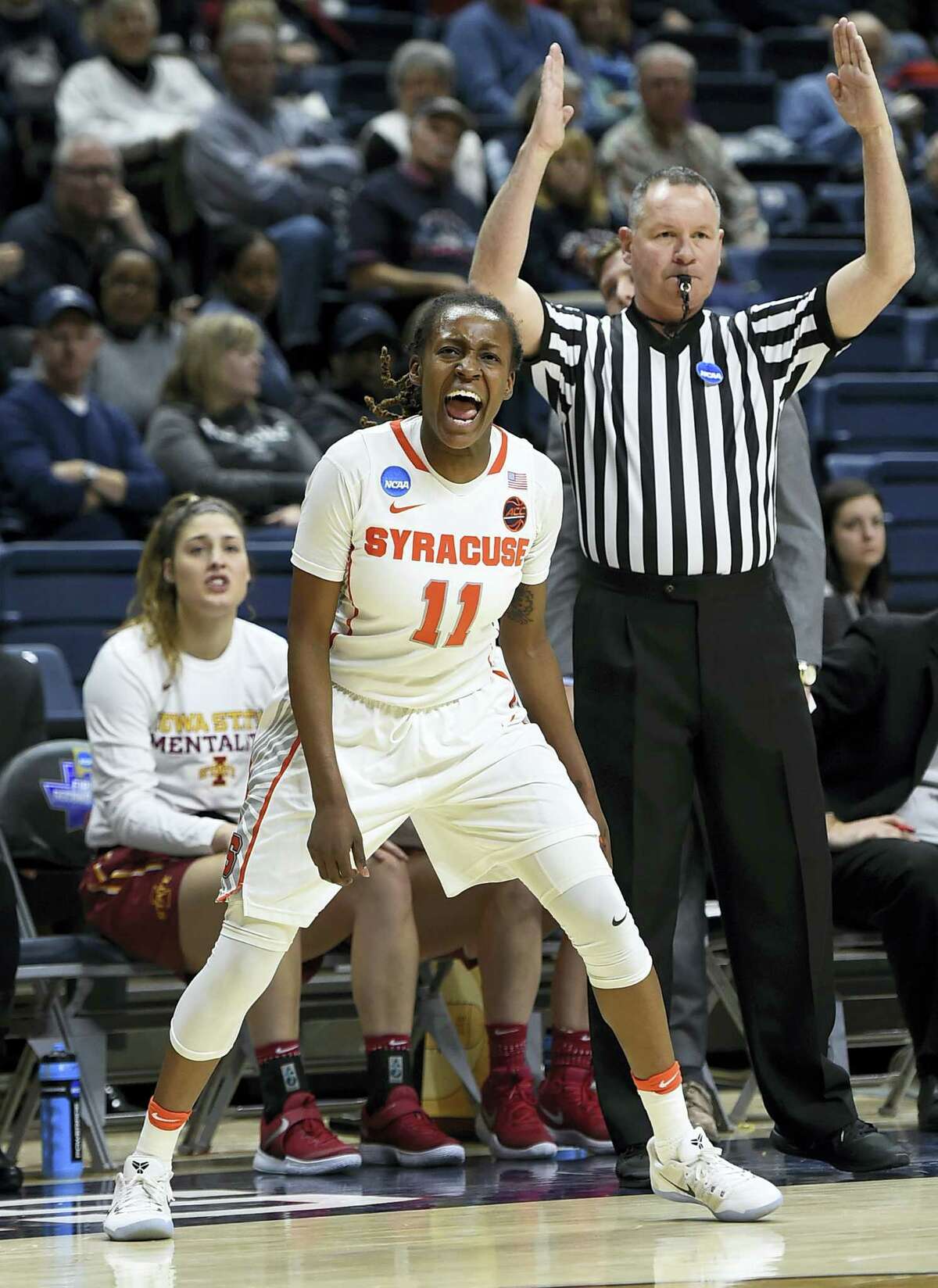 Syracuse’s Gabby Cooper reacts after hitting a 3-pointer against Iowa State on Saturday.