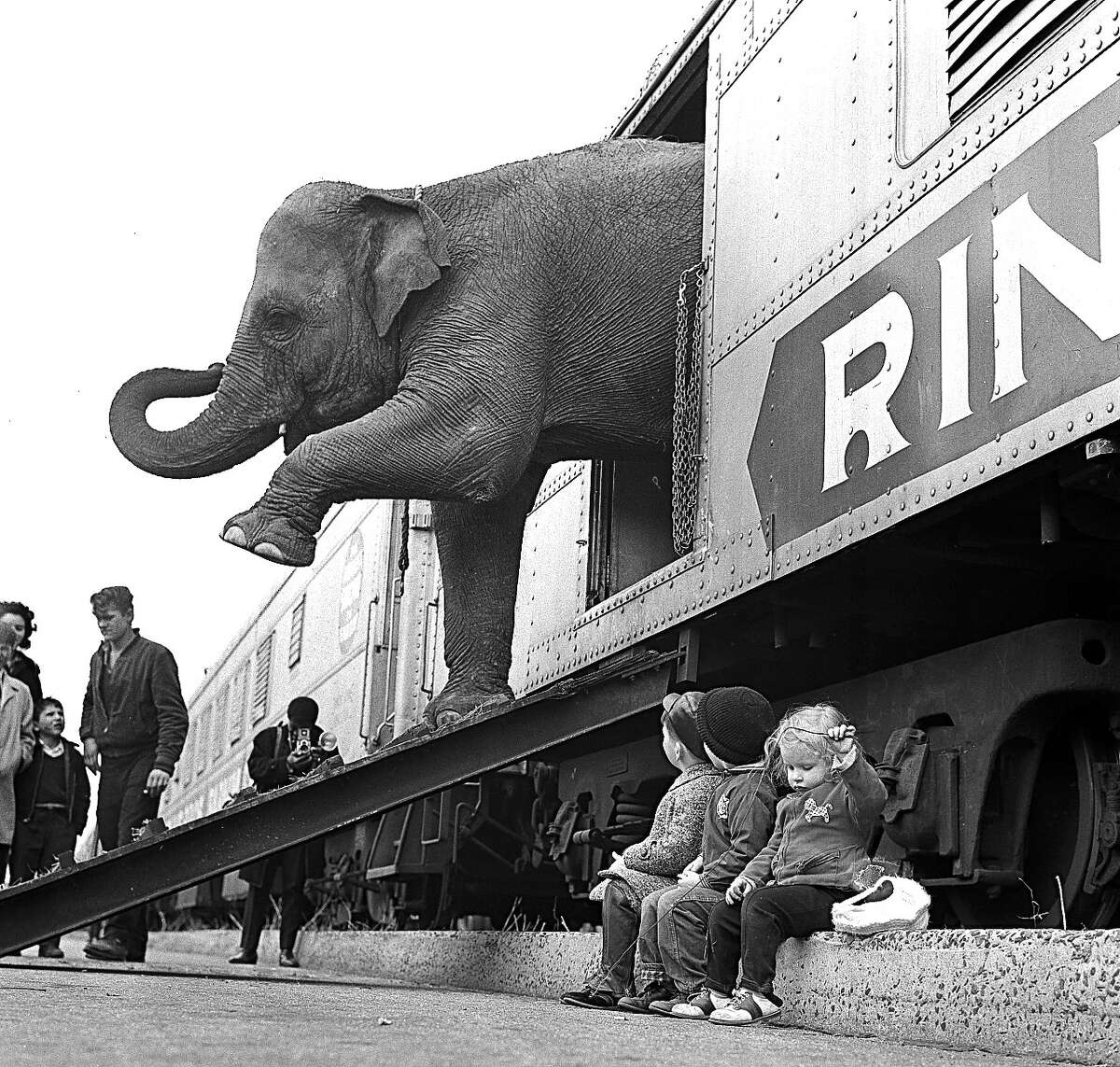 In this April 1, 1963, file photo, a Ringling Bros. Circus elephant walks out of a train car as young children watch in the Bronx railroad yard in New York. The Ringling Bros. and Barnum & Bailey Circus is drawing to a close this month, May 2017, after 146 years of performances and travel.