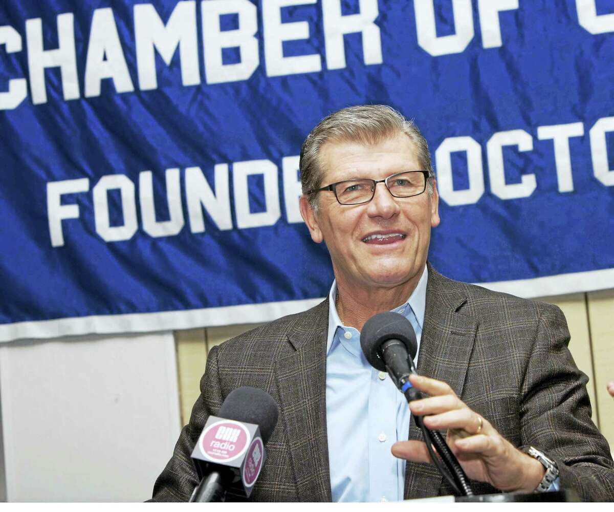 UConn Head Women’s Basketball Coach Geno Auriemma spoke during Monday’s Middlesex County Chamber of Commerce Member breakfast at the Radisson Hotel in Cromwell.
