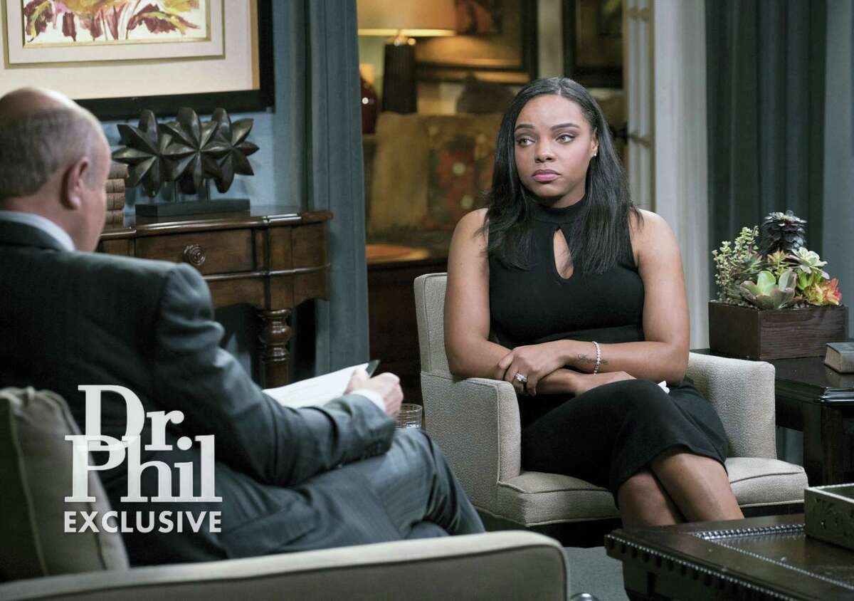 This image released by CBS Television Distribution shows Shayanna Jenkins-Hernandez, fiancee of former NFL player Aaron Hernandez, during an interview on the “Dr. Phil” show. The two-part interview is scheduled to air Monday and Tuesday.
