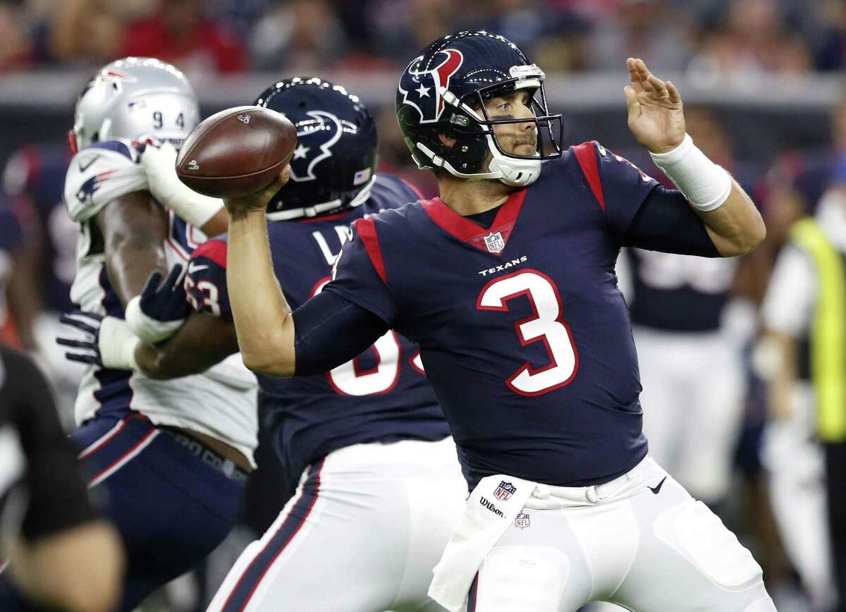 Texans quarterback Tom Savage throws a 37-yard pass to wide receiver Bruce Ellington during the first quarter of a preseason game against the New England Patriots at NRG Stadium on Aug. 19, 2017, in Houston.