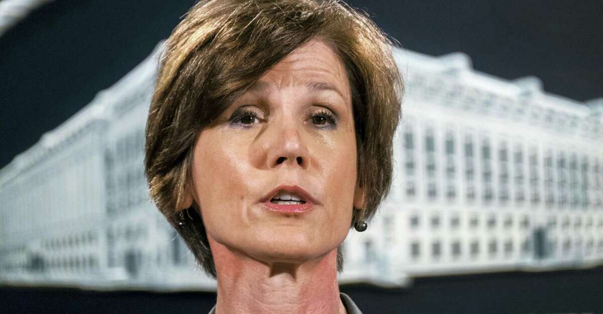 In this June 28, 2016 photo, then-Deputy Attorney General Sally Yates speaks during a news conference at the Justice Department in Washington. An Obama administration official who warned the Trump White House about contacts between Russia and one of its key advisers is set to speak publicly for the first time about the concerns she raised. Yates is testifying May 8, 2017 before a Senate Judiciary subcommittee investigating Russian interference in the 2016 presidential election.