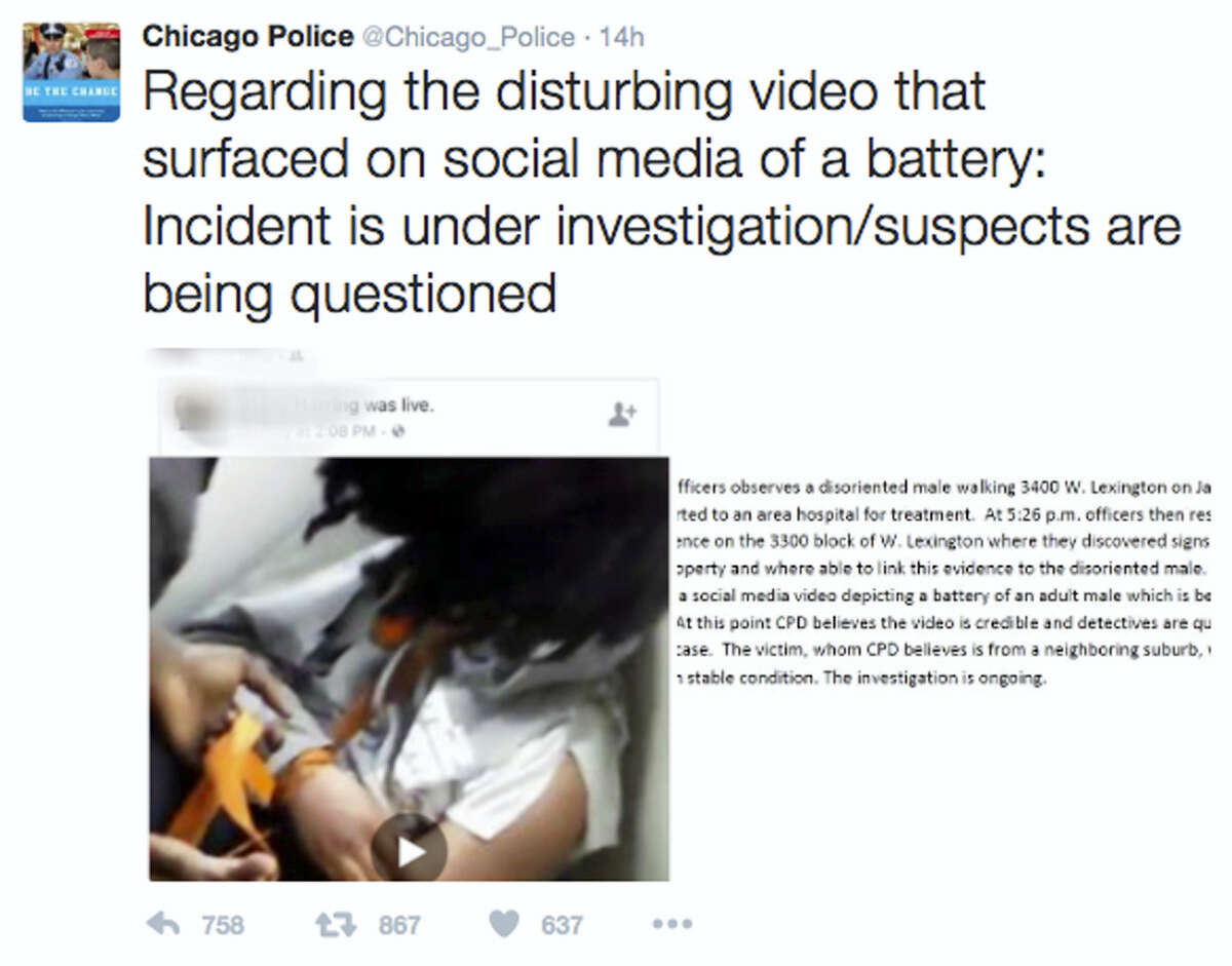 This image posted on the Chicago Police Department’s Twitter page shows a frame from a video that was broadcast live on Facebook in which a man is assaulted. The video shows the man with his mouth taped shut as a woman and other people cut off his shirt and hair with a knife, and someone pushes his head with his or her foot. Chicago Police Superintendent Eddie Johnson said Wednesday that the victim has mental health challenges, and he called the video “sickening.”