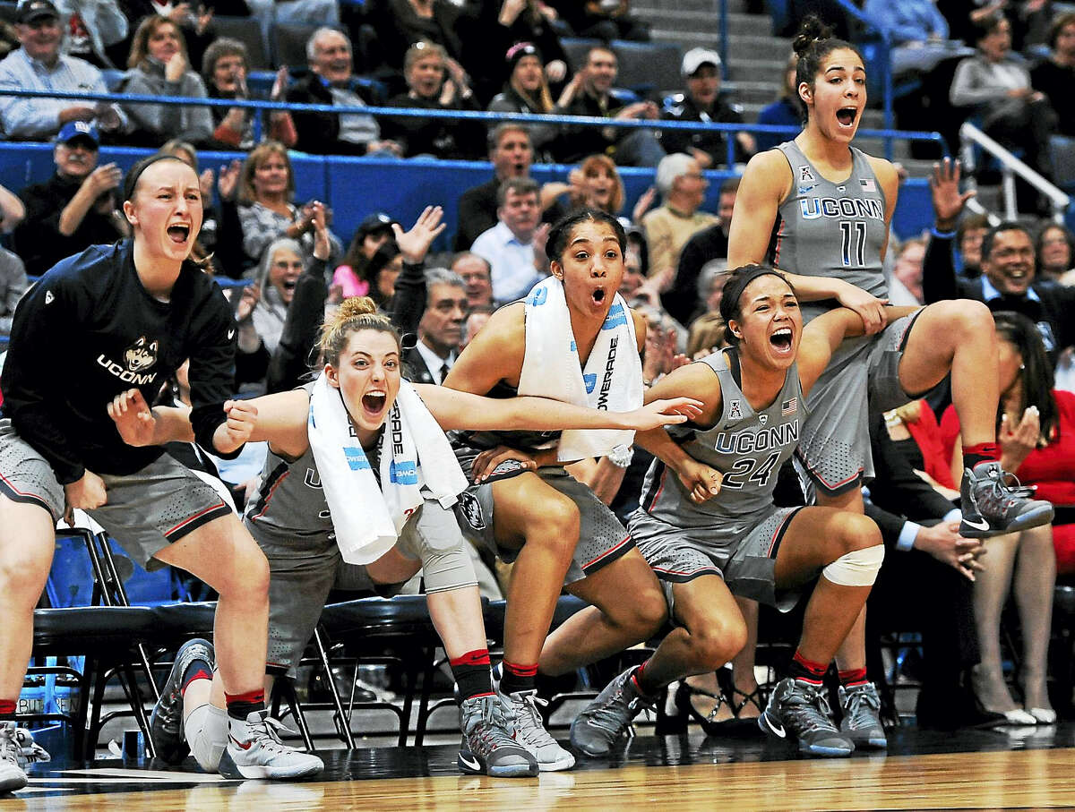 From left, UConn’s Tierney Lawler, Katie Lou Samuelson, Gabby Williams, Napheesa Collier and Kia Nurse celebrate during a win earlier this season.
