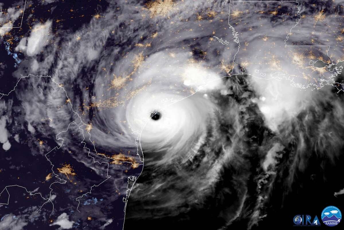 In this NOAA handout image, NOAA's GOES East satellite capture of Hurricane Harvey shows the storm making landfall shortly after 8:00pm CDT on August 25, 2017, on the mid-Texas coast, when the category 4 storm hit Texas with winds as high as 130 miles per hour.