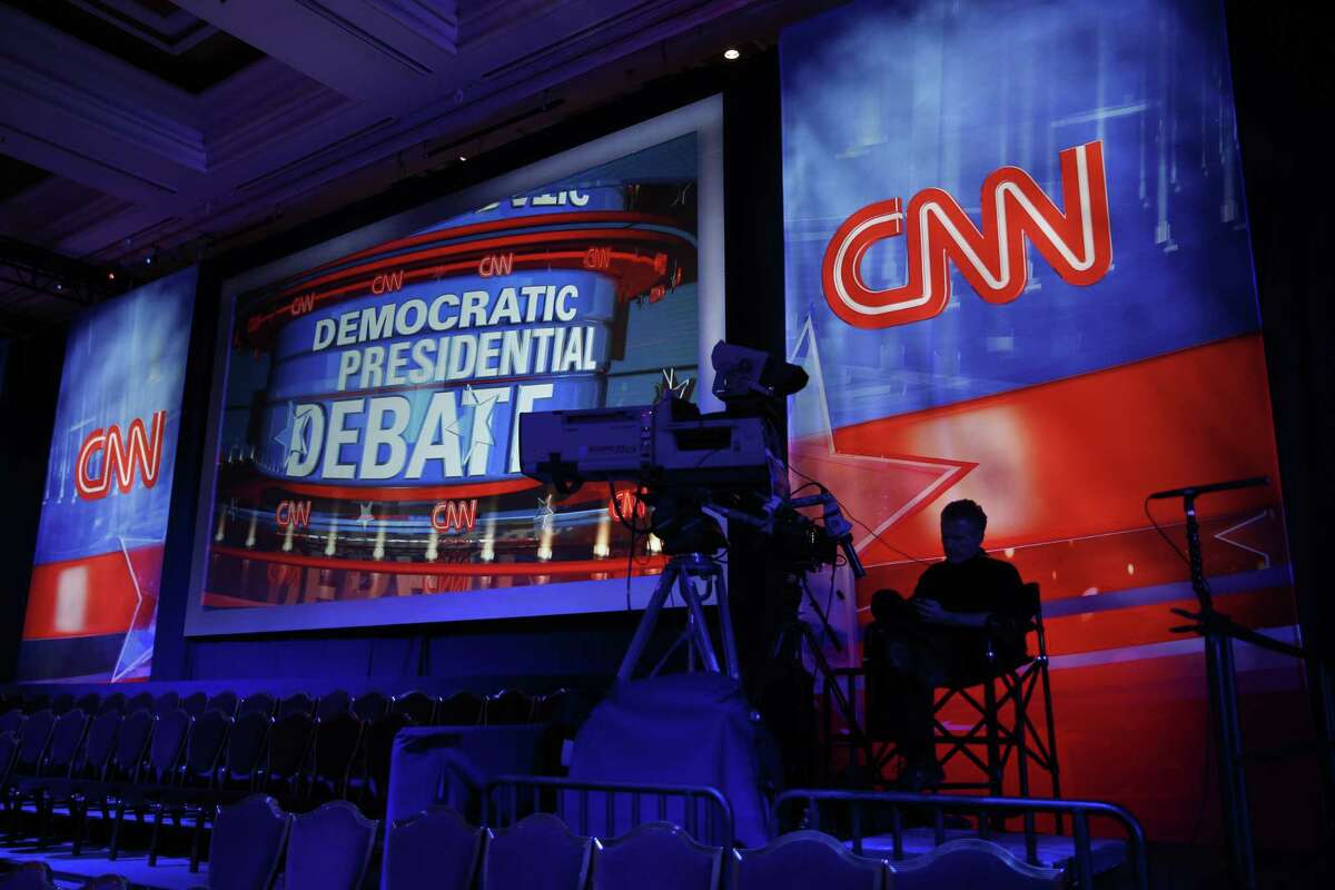 A camera operator waits in the debate hall before a CNN Democratic presidential debate Tuesday in Las Vegas. Democratic presidential candidates, Hillary Rodham Clinton, Jim Webb, Bernie Sanders, Lincoln Chafee, and Martin O’Malley will take the stage later today.