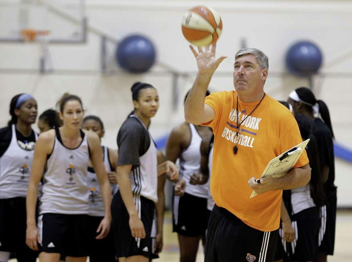 New York Liberty head coach Bill Laimbeer catches a ball during practice last week in Tarrytown, N.Y.