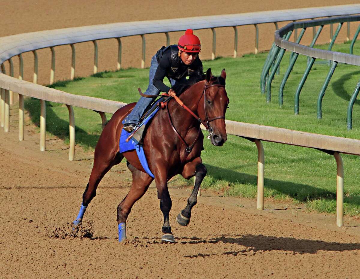 Ridden by jockey Martin Garcia, Kentucky Derby and Preakness Stakes winner American Pharoah works out Tuesday at Churchill Downs in Louisville, Ky.