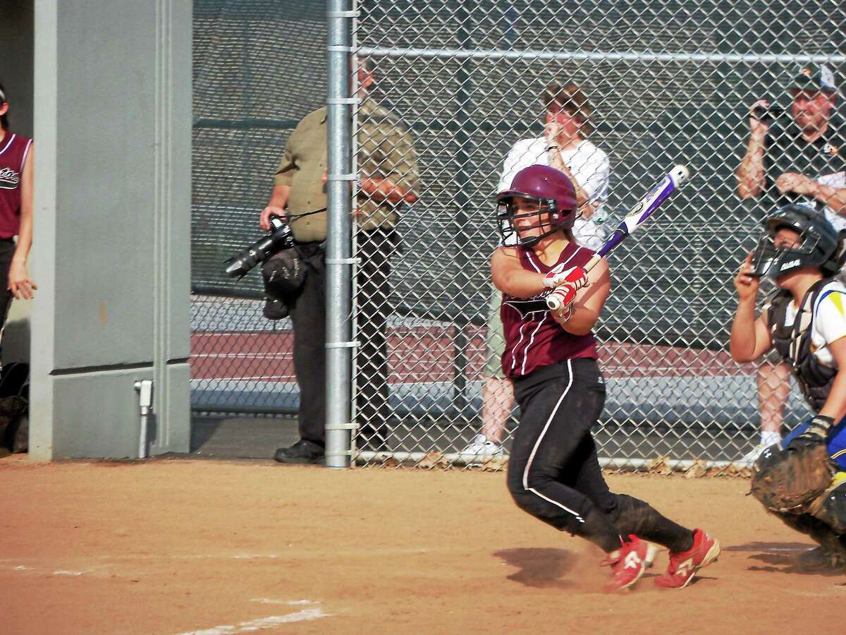 Torrington’s Marissa Morris found the gap for the Red Raiders’ second hit in a seventh-inning rally against Seymour Tuesday afternoon.