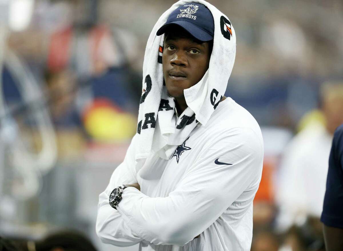 In this Sept. 27, 2015 photo, Dallas Cowboys defensive end Randy Gregory watches play from the sideline during the team’s NFL football game against the Atlanta Falcons in Arlington, Texas. Suspended Dallas defensive end Randy Gregory has dropped an appeal on another substance-abuse violation and now faces a 10-game ban on top of the four games he will already miss. Cowboys owner Jerry Jones said Tuesday, Sept. 20, 2016, on his radio show that the NFL Players Association wouldn’t support Gregory’s appeal, making it pointless to pursue.