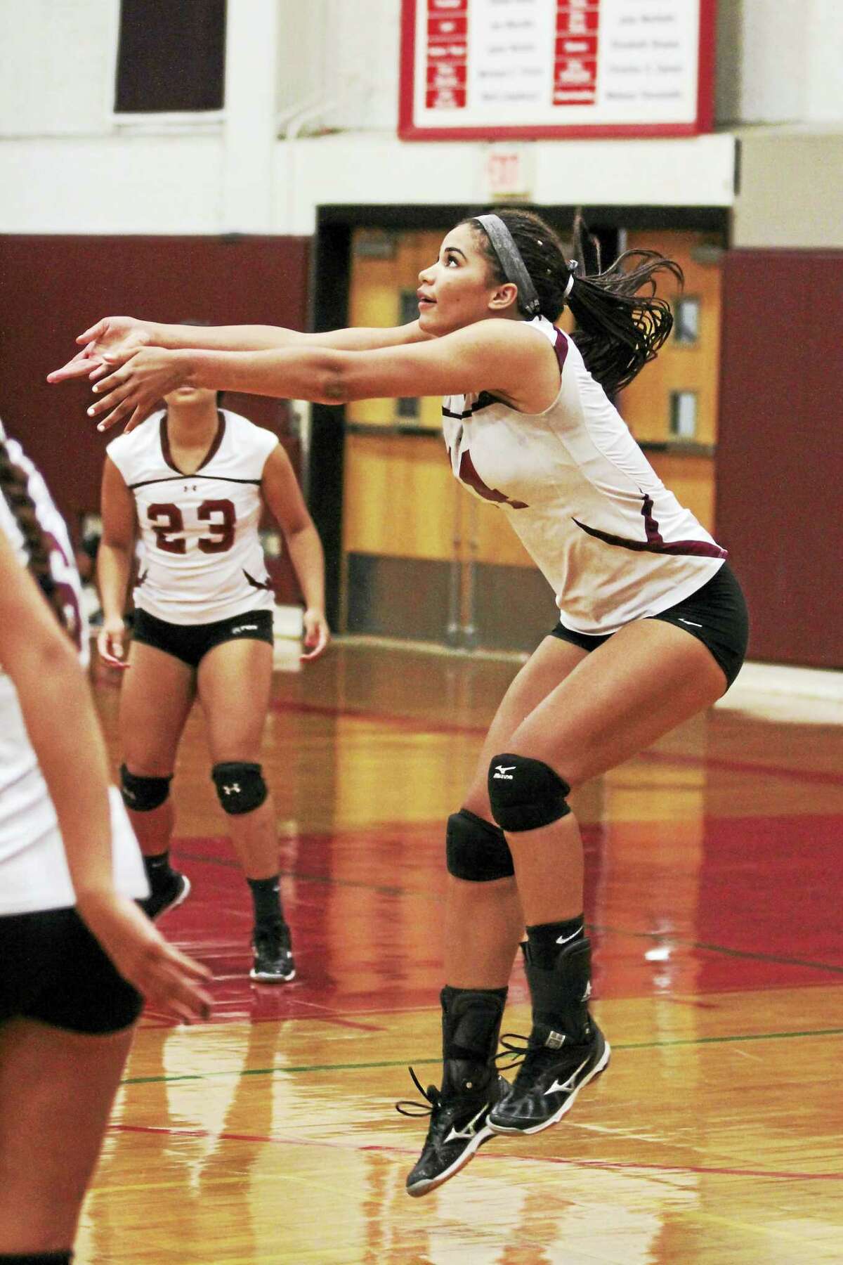 Photo by Marianne KillackeyTorrington middle hitter Jolie Fox ran off 12 straight points at the service line in the first game of a Red Raider sweep against St. Paul Catholic Tuesday night.