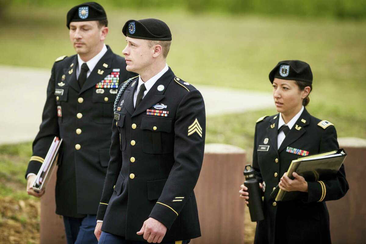 Army Sgt. Bowe Bergdahl, center, arrives at the Fort Bragg courtroom facility for an arraignment hearing on May 17, 2016 on Fort Bragg, N.C. The hearing could result in his court-martial being moved until after this fall’s elections.