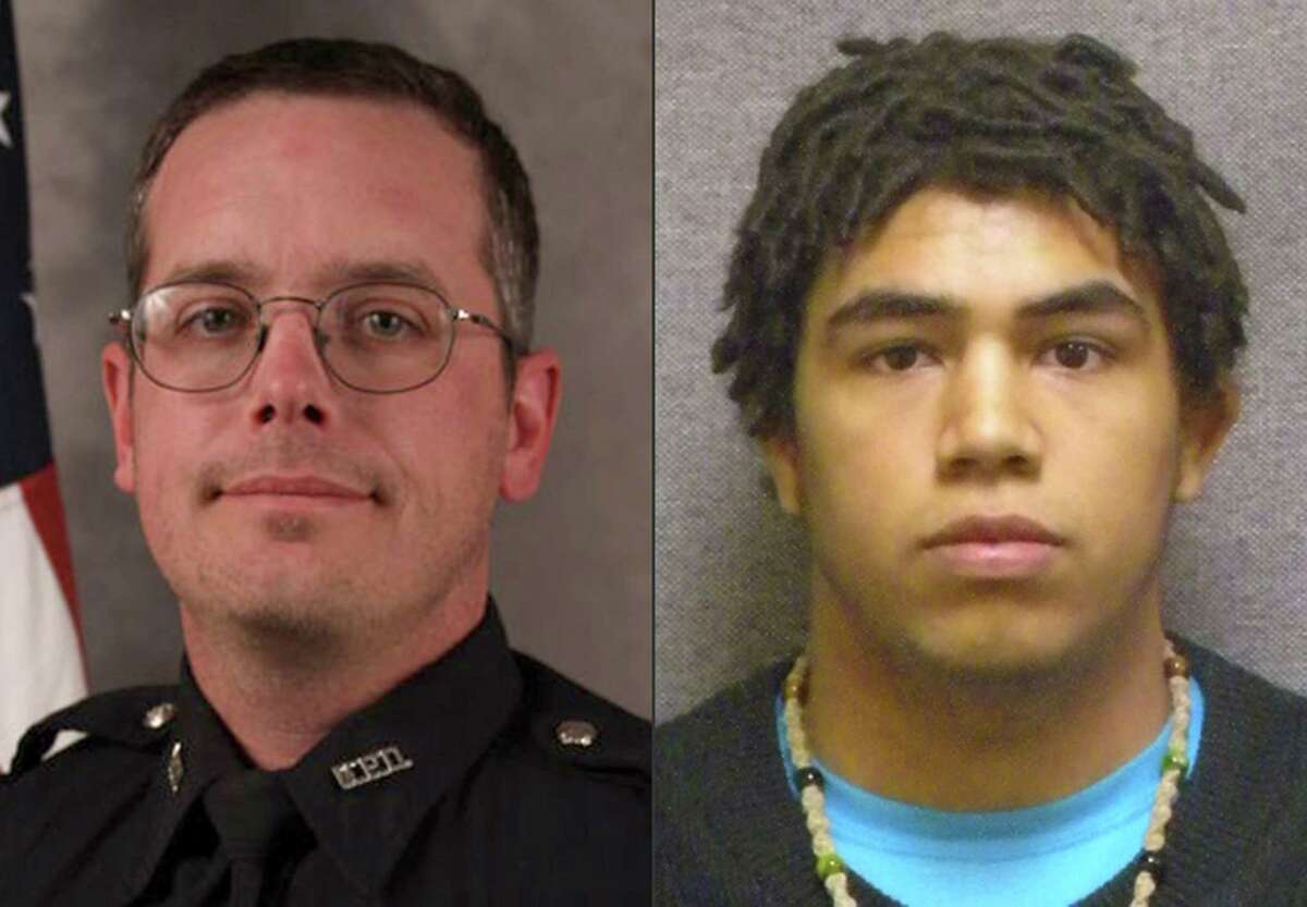 This combination made with file photos provided by the Madison, Wis. police department and Wisconsin Department of Corrections shows Madison Police officer Matt Kenny, left, and Tony Robinson, a biracial man who was killed by the officer. Kenny shot the unarmed 19-year-old in an apartment house on March 6.