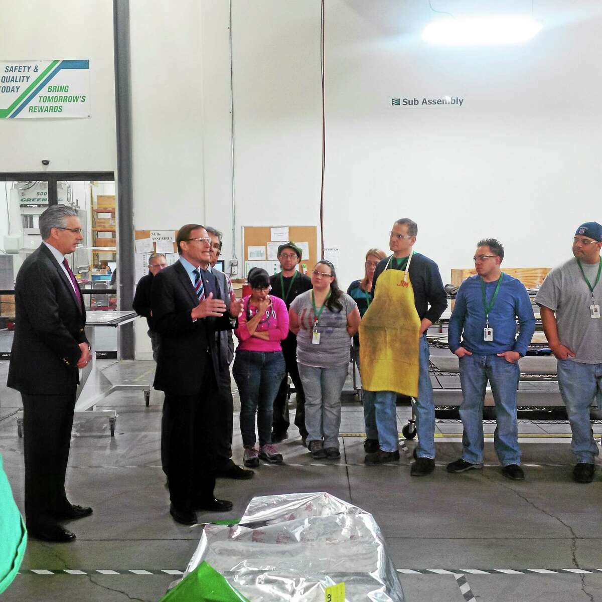 U.S. Sen. Richard Blumenthal speaks to employees at FuelCell Energy in Torrington on Friday.