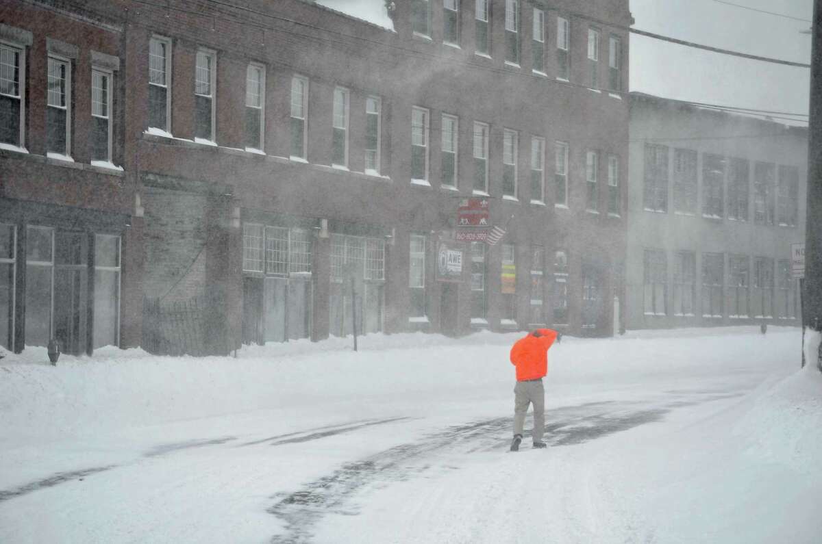 Heavy winds were moving the snow around, making travel dangerous, during a storm in 2013 in Torrington.