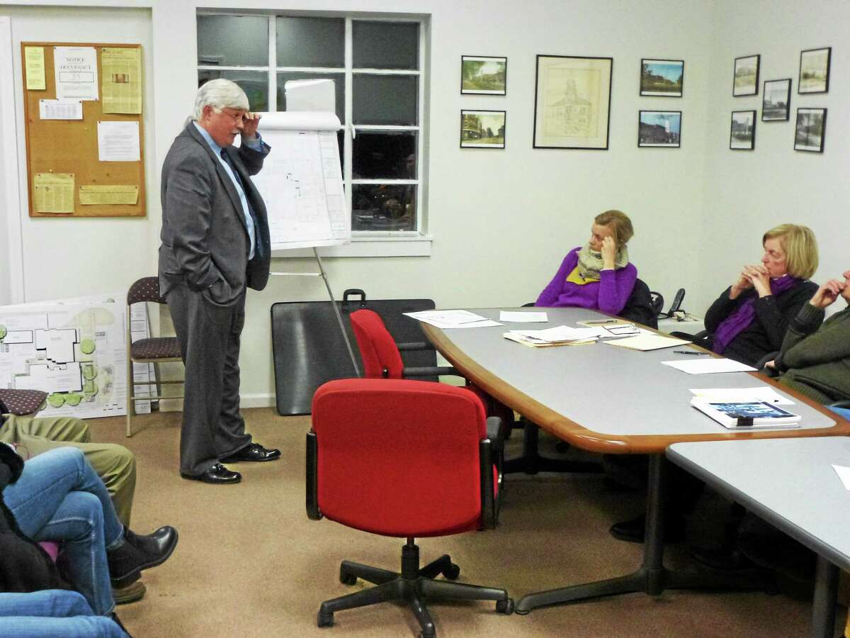 Milton Grew presents design plans to the Historic District Commission in Litchfield on Thursday.