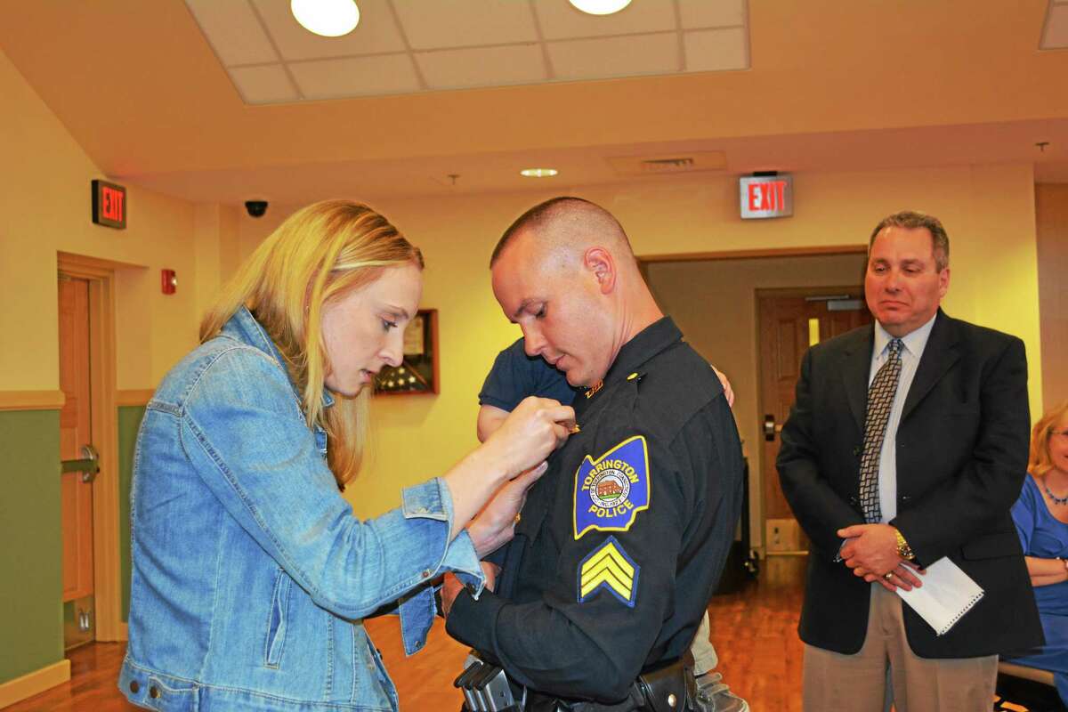 Members of the Torrington Police and Fire Departments were pinned for their new promotions during the Board of Public Safety meeting on Wednesday.