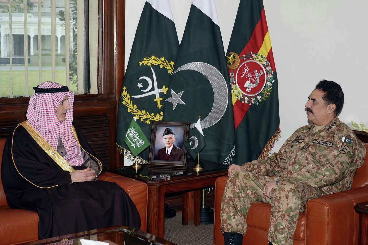 In this photo released by Inter Services Public Relations, Pakistani Army Chief General Raheel Sharif, right, meets Saudi Foreign Minister Adel al-Jubeir in Rawalpindi, Pakistan, Thursday, Jan. 7, 2016. Adel al-Jubeir has arrived in Pakistan’s capital Islamabad amid growing tension with Iran over a Shiite cleric’s recent execution by Saudis authorities.