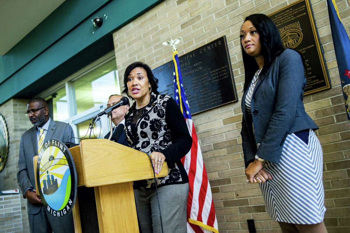 Flint Mayor Karen Weaver tells reporters that an estimated 50 homes have had lead pipes removed and replaced in the second phase of Weaver’s Fast Start program, during a press conference on Monday at City Hall in Flint, Mich.