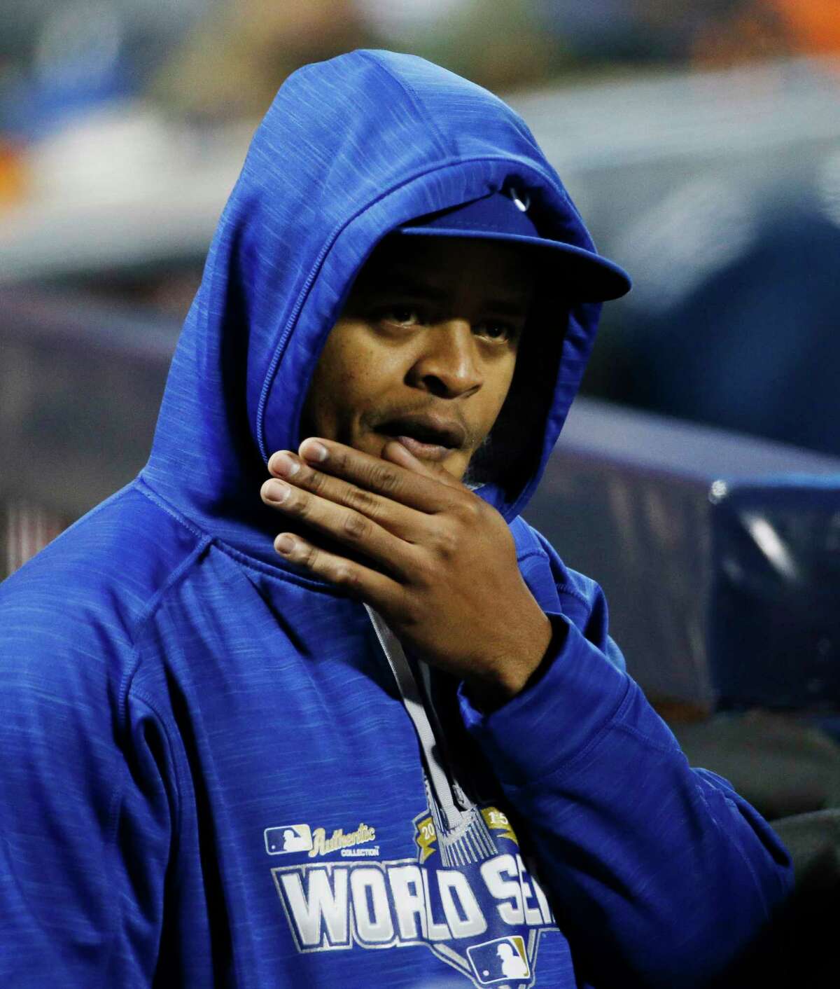 Royals pitcher Edinson Volquez watches his team during the second inning of Game 4 of the World Series on Saturday.