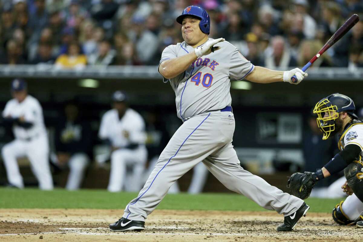 Bartolo Colon takes a swing during Saturday’s game against the Padres.