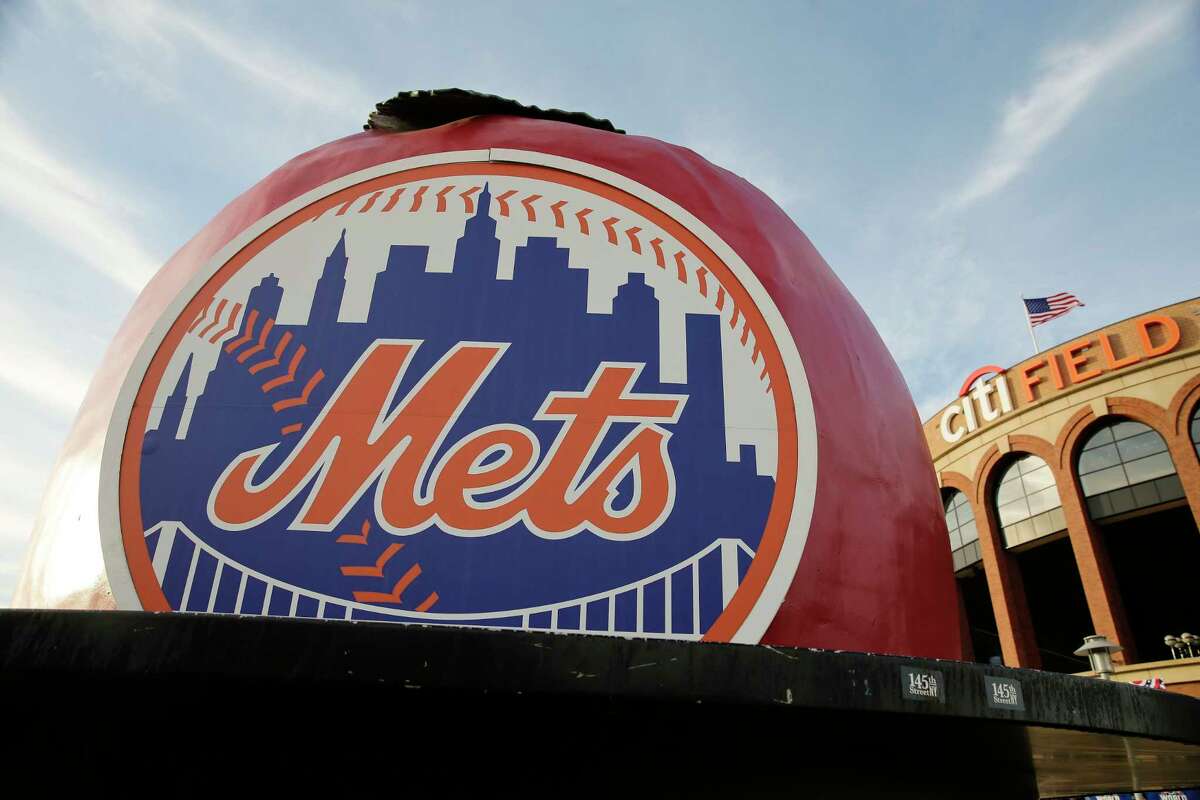 The New York Mets logo is displayed Citi Field before Friday’s Game 3 of the World Series.