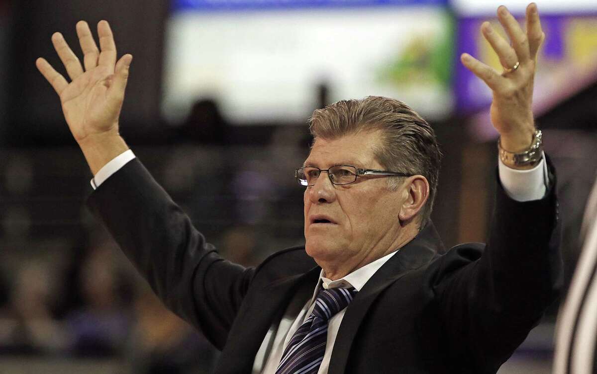 UConn head coach Geno Auriemma reacts to a call during the second half of the second-ranked Huskies’ 89-38 win over East Carolina on Wednesday in Greenville, N.C.
