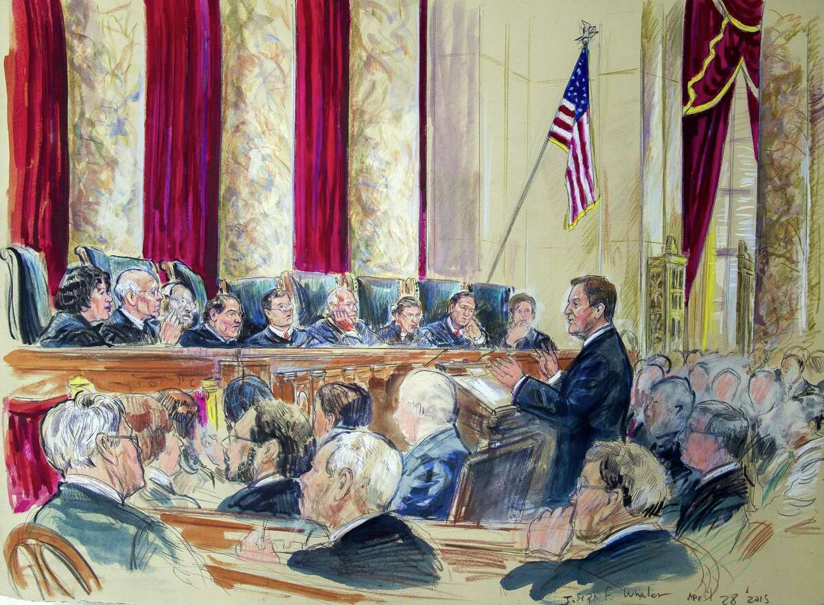 This artist rendering shows Tennessee Associate Solicitor General Joseph Walen arguing before the Supreme Court hearing on same-sex marriage Tuesday in Washington. Justices, from left are, Sonia Sotomayor, Stephen Breyer, Clarence Thomas, Antonin Scalia, Chief Justice John Roberts, Anthony Kennedy, Ruth Bader Ginsburg, Samuel Alito Jr. and Elena Kagan.