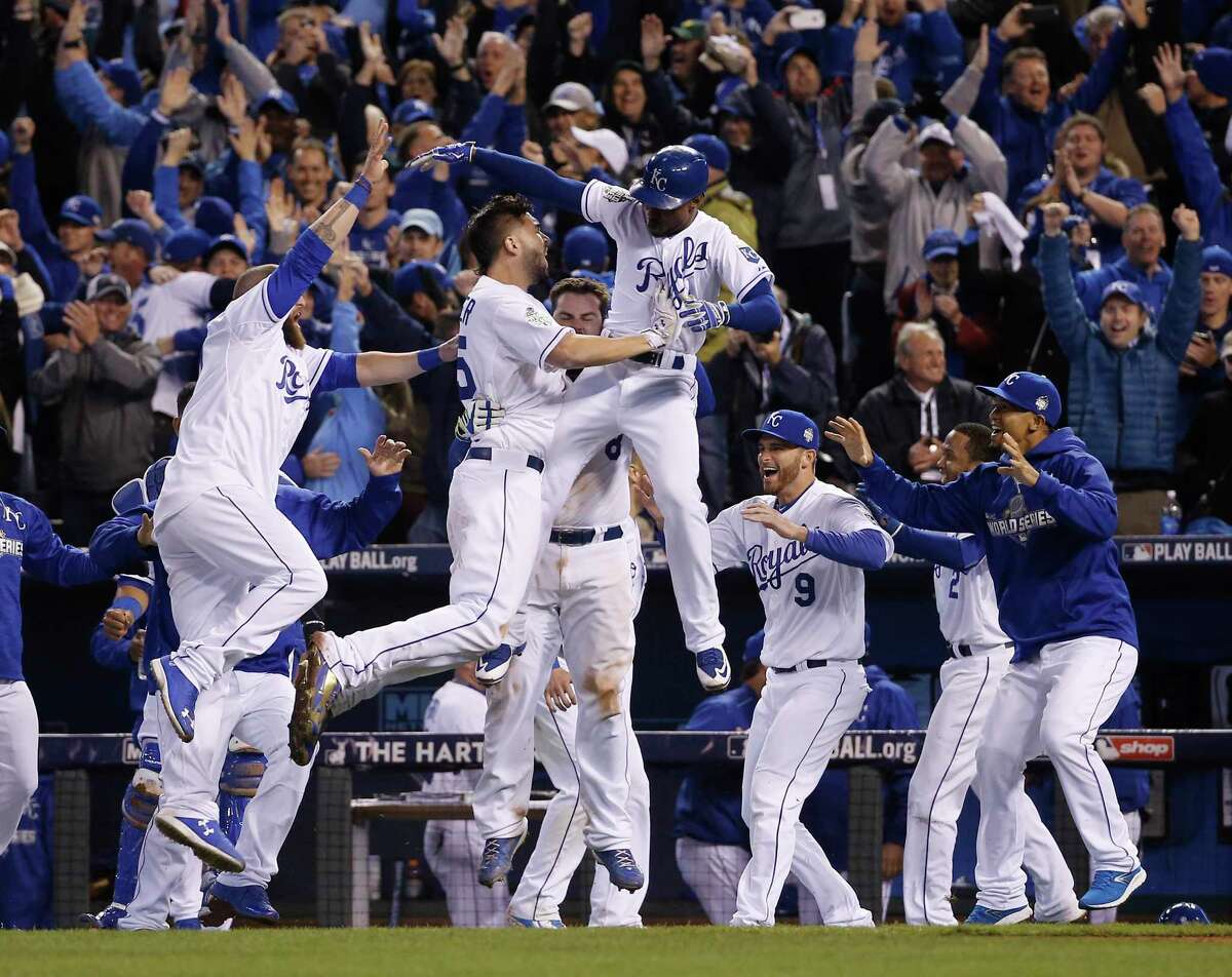 Kansas City Royals' first baseman Eric Hosmer celebrates with his