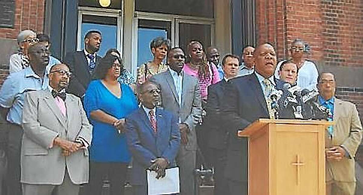 Connecticut NAACP President Scot X. Esdaile, U.S. Sen. Richard Blumenthal and other black leaders in Hartford.