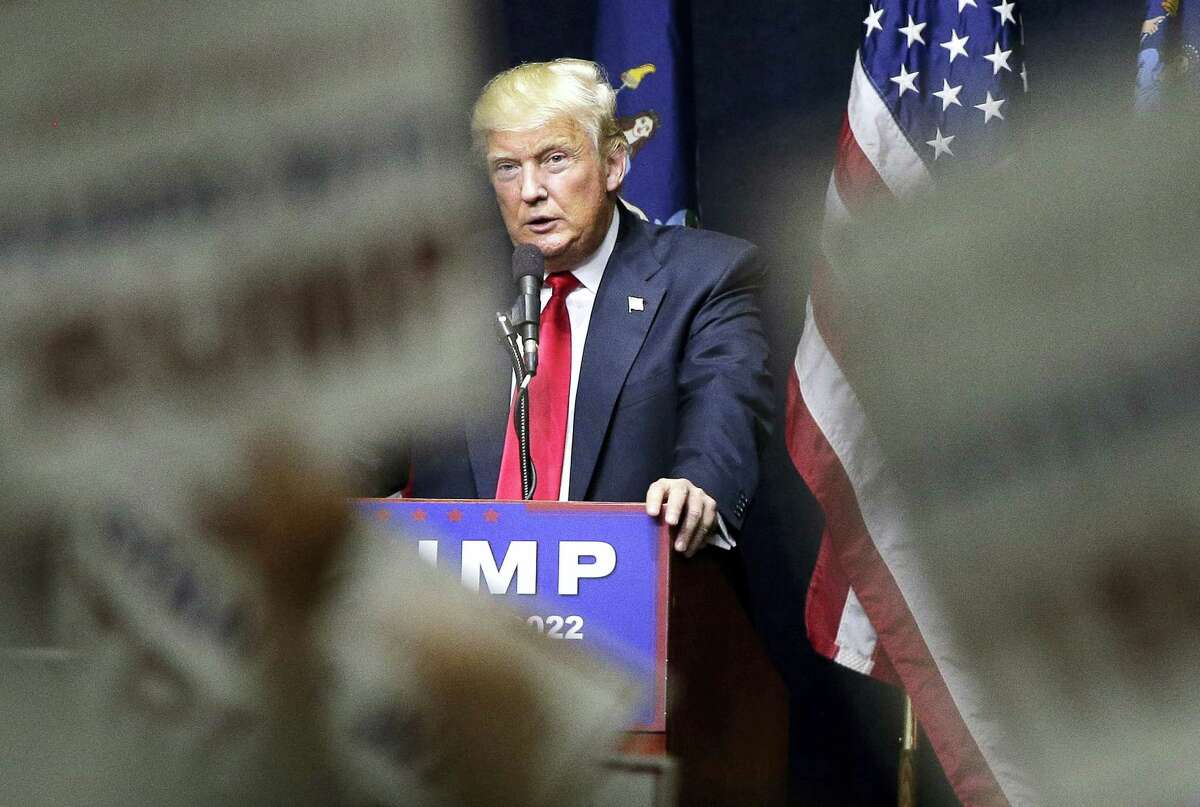 In this April 6 photo, Republican presidential candidate Donald Trump speaks during a campaign rally in Bethpage, N.Y.