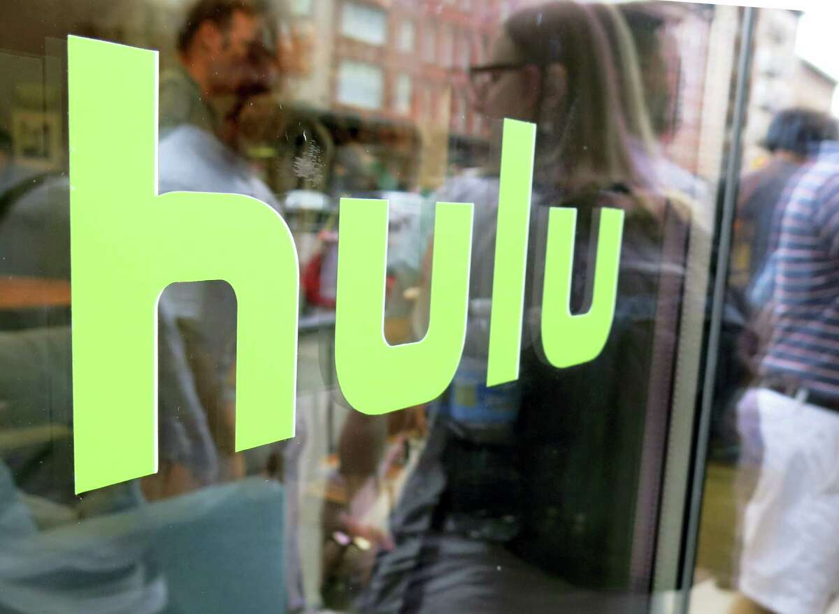The Hulu logo on a window at the Milk Studios space in New York.
