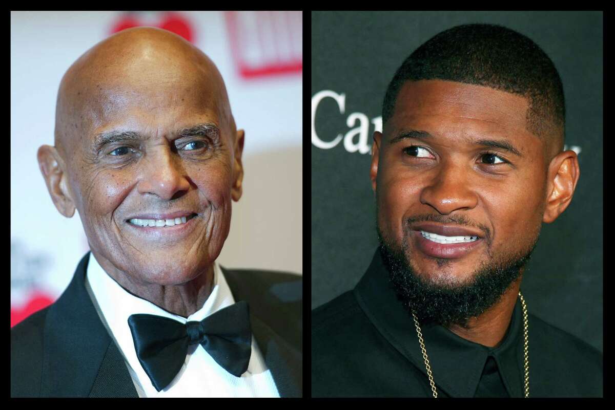 This photo combo of file photos shows Harry Belafonte, left, and Usher. During an hour-long conversation moderated by Soledad O’Brien on Oct. 23, 2015 in New York, the 37-year-old Usher and 88-year-old Belafonte related with obvious warmth to each other as fellow artists, activists and celebrities; and as elder statesman and protege.