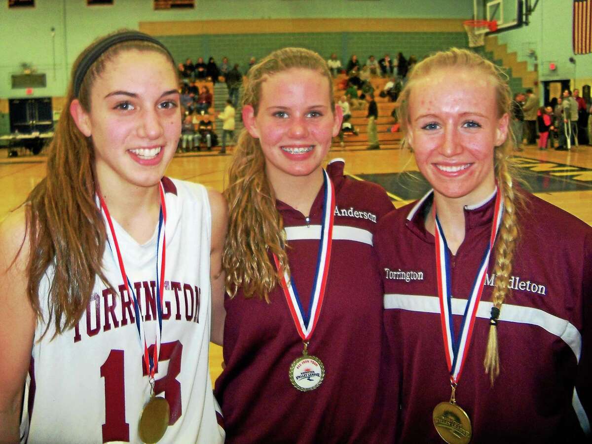 Torrington’s Brie Pergola and Paige Middleton (left and right) were named All-NVL at Monday’s semifinals. Brittany Anderson (middle) was voted All-Iron Division.
