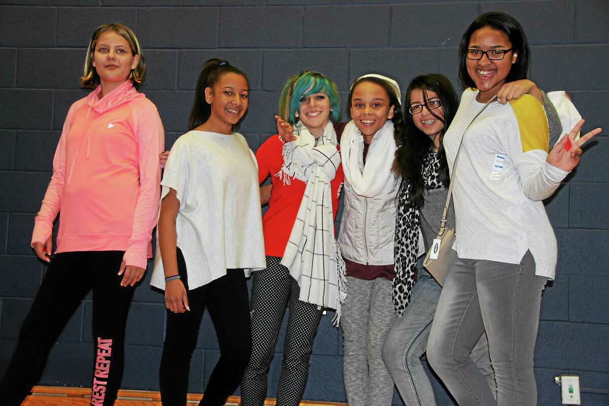 From left, Angel Blauvelt, Jennifer Duran, Danni Klepper, Taja Peterson, Jasmine Aldarondo and Genesis Shepard, all students at Torrington Middle School, participate in a fashion show during the Second Annual Girls Summit held Friday at the University of Connecticut Torrington campus.