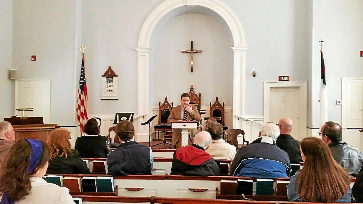 Actor and historian Luke G. Boyd discusses the mystery of The Colt Armory Fire of 1864 with a group of 30 people in attendance on Saturday afternoon at First Congregational Church at 865 Riverside Ave., Torrington. The talk is latest of many events sponsored by the Connecticut Civil War Round Table of Torrington.