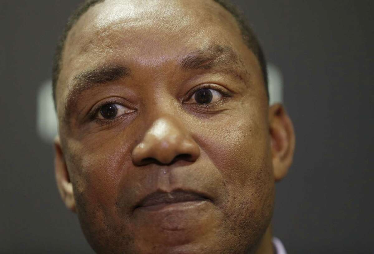 New York Liberty president Isiah Thomas listens during a May news conference in Tarrytown, N.Y.